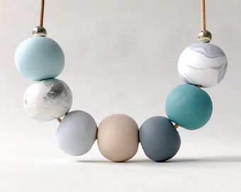 Beaded necklace, chunky clay necklace, statement emerald green necklace, sea green, blue, silver