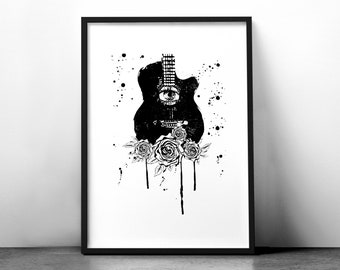 Gitarre Rosen Musik Siebdruck Poster - A2