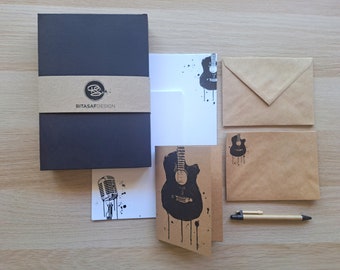 Boxed Letter Writing Set with Cards and Envelopes – Stationery Gift Set, Guitar & Vintage Microphone