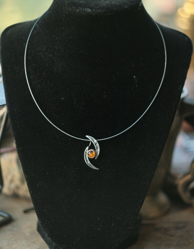 Silver and amber vintage pendant lady accessory delicate jewelry piece