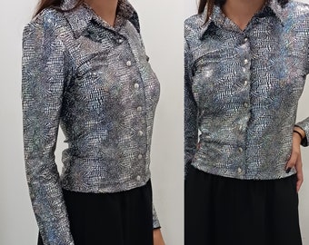 90s Betsey Johnson Holographic Stretch Long Sleeve Top / Petite X Small - Small
