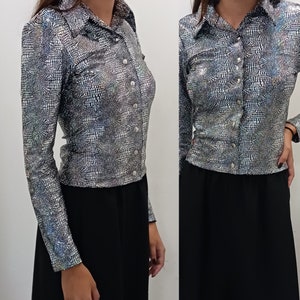90s Betsey Johnson Holographic Stretch Long Sleeve Top / Petite X Small - Small