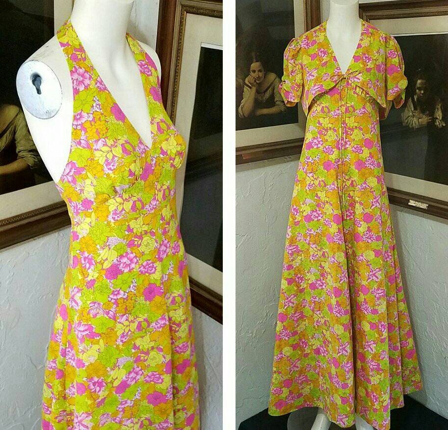 Vintage 70s Dress and Shrug 2pc Set Floral Halter Maxi / - Etsy