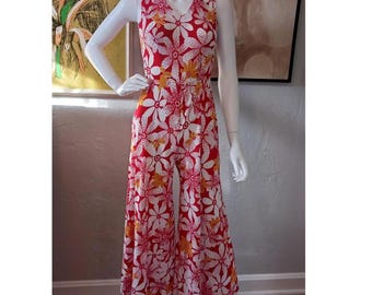 Mono de pierna ancha con estampado floral brillante vintage de los años 70, talla XS (extra pequeña)