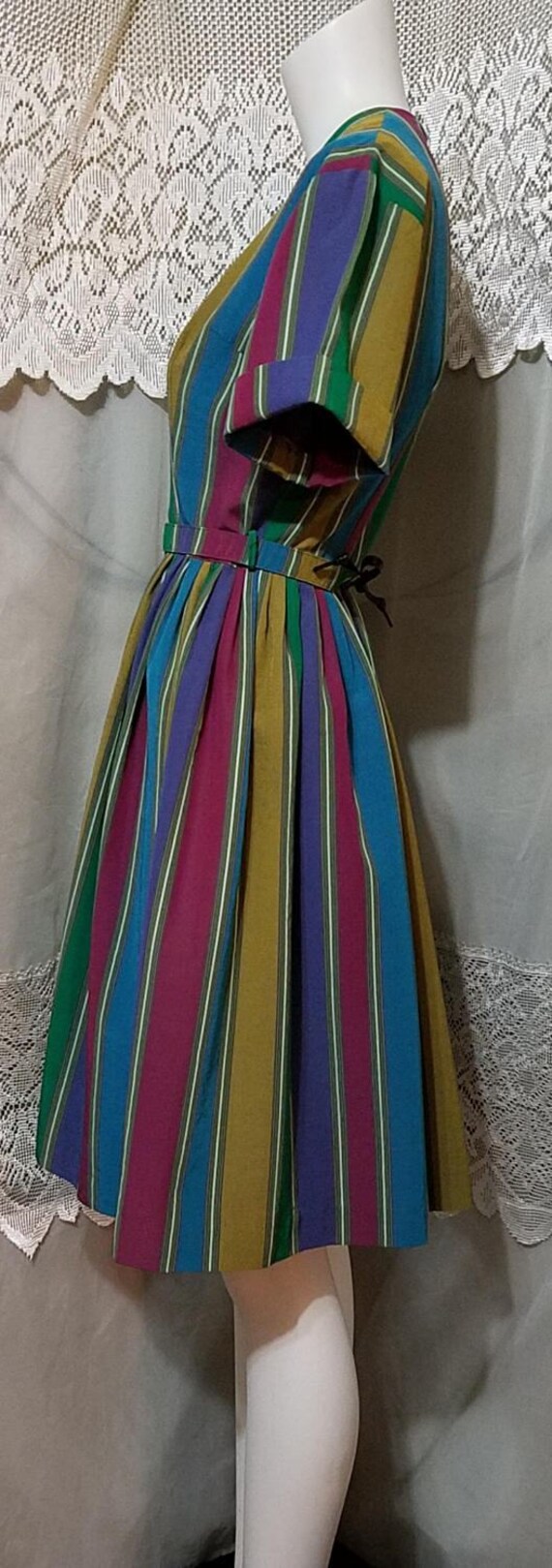 50s Dress Party Multi Colored Striped Button Up D… - image 5