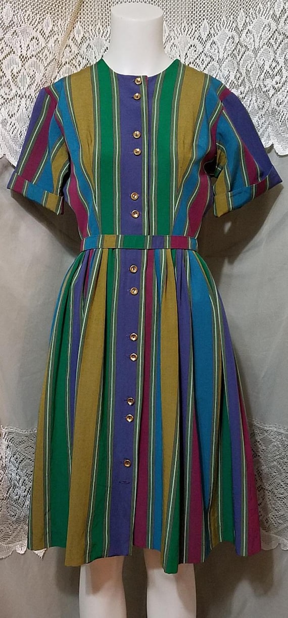 50s Dress Party Multi Colored Striped Button Up D… - image 2