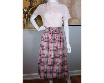 Vintage 60s 70s Pink Plaid MOD Midi Skirt 28 x 30