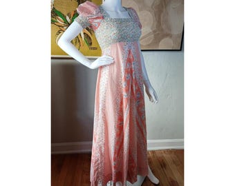 70s Jody T California Prairie Puff Sleeve Peach Floral Maxi Size Small