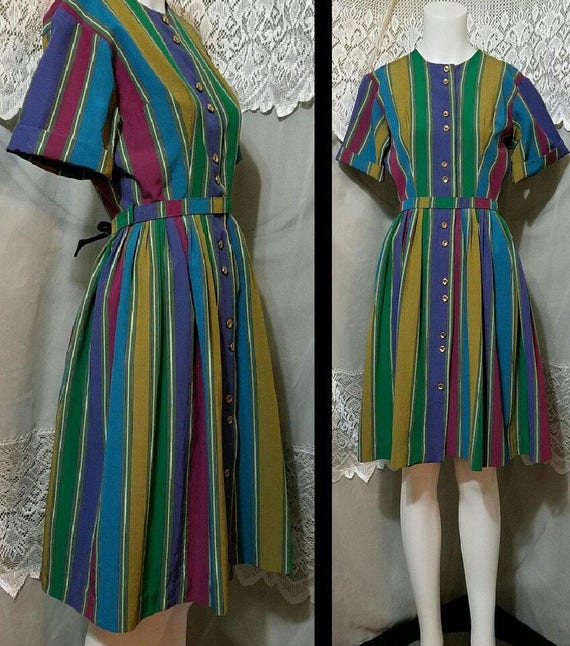 50s Dress Party Multi Colored Striped Button Up D… - image 1