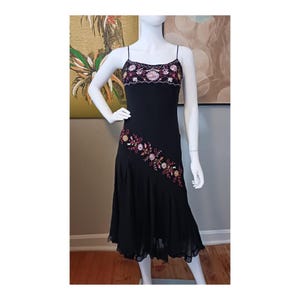 90s y2k Betsey Johnson New York Embroidered Silk Bias Cut Black Dress Size 4 Size Small
