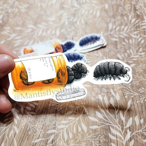 May include: A set of stickers featuring an orange prescription pill bottle with the text "(5 pills)" and a label. Several black pill bugs are scattered around the bottle. The stickers are on a wooden surface.