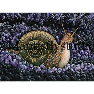 May include: A snail with a golden shell crawls through a bed of purple crystals. The snail's shell has a green and gold spiral pattern. The crystals are arranged in a chaotic pattern, creating a sense of depth and texture.