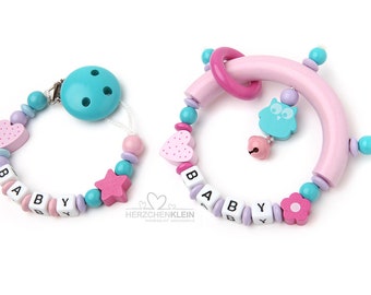 Set - grasping toy, and pacifier chain with desired name
