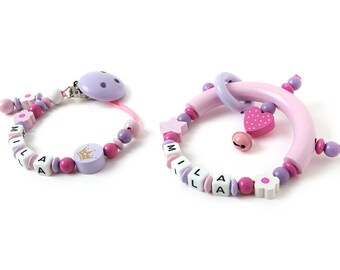 Set - grasping toy and pacifier chain with desired name