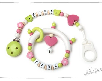 Set - grasping toy, and pacifier chain with name