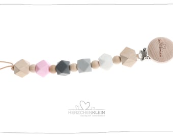 Pacifier chain made of wood and silicone grey, pink