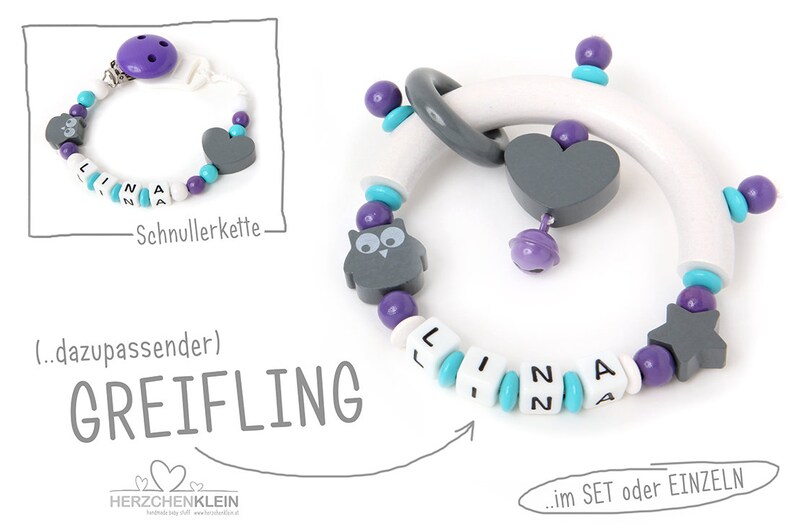 Set Greifling, und Schnullerkette mit Name Bild 1