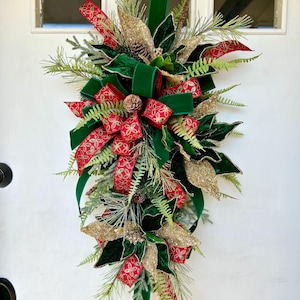 Emerald Poinsettia Christmas Swag: Velvet Ribbon Holiday Door Decor