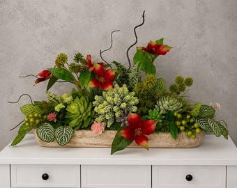 Luxury Faux Succulent Arrangement in Wooden Dough Bowl, Entry Table Decor, Everyday Farmhouse Centerpiece, Magnolia Succulant Centerpiece