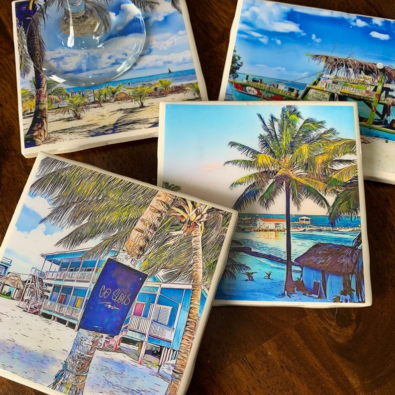 Tropical Belize / Set of 4 Ceramic Tile Coasters image 1