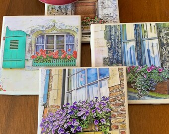 European Window Boxes /  Set of 4 Ceramic Tile Coasters
