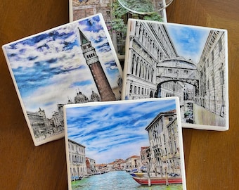 Glimpses of Venice/Set of 4 Ceramic Tile Coasters/Decorative Tile