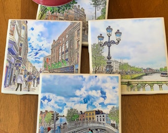 Strolling through Dublin /  Set of 4 Ceramic Tile Coasters