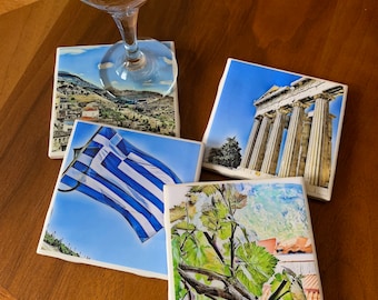 Greece / Set of 4 Ceramic Tile Coasters