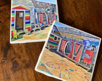 Rainbow Love  / Set of 2 Ceramic Tile Coasters
