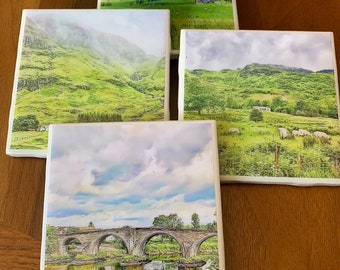 Scottish Countryside /  Set of 4 Ceramic Tile Coasters