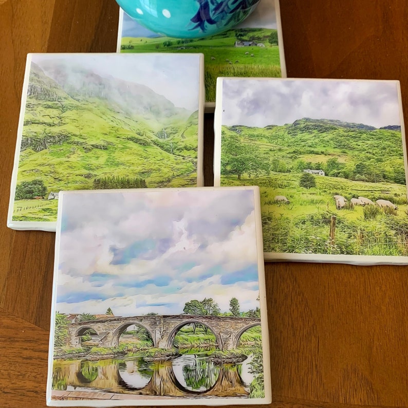 Scottish Countryside / Set of 4 Ceramic Tile Coasters image 1