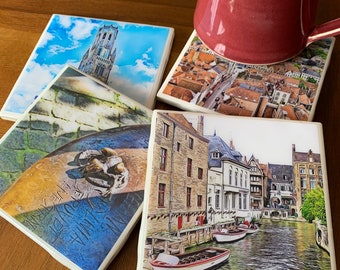 Bruges, Belgium /  Set of 4 Ceramic Tile Coasters