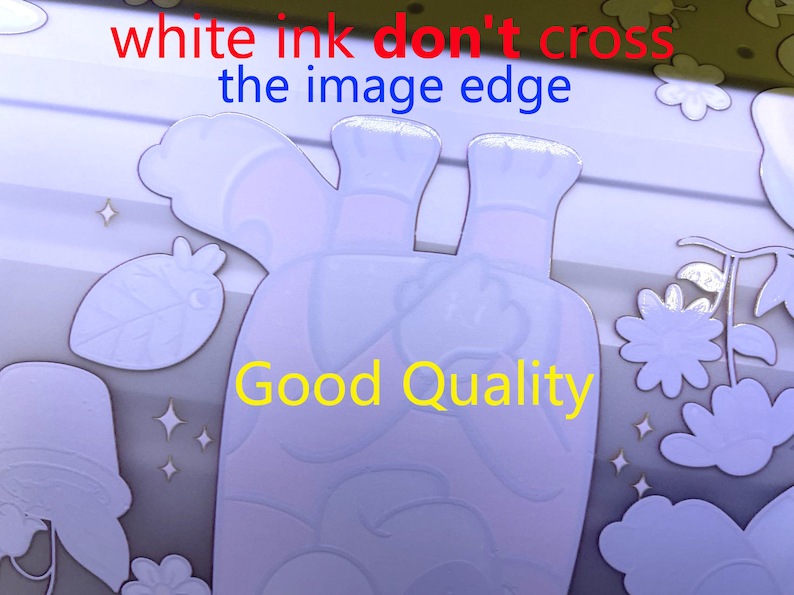 May include: A white ink design of a turtle with the text "Good Quality" printed on the image. The text "white ink don't cross the image edge" is written above the turtle.