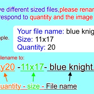 May include: A diagram showing how to rename a file based on quantity and size. The example shows a file named "blue knight.png" with a size of 11x17 and a quantity of 20. The renamed file is "qty20-11x17-blue knight.png".