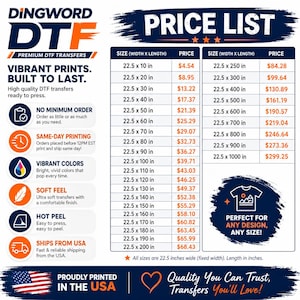 May include: A white informational price list for Dingword DTF premium transfers. The document features a table with sizes in inches and corresponding prices, alongside icons for printing features, a US flag graphic, and text details.