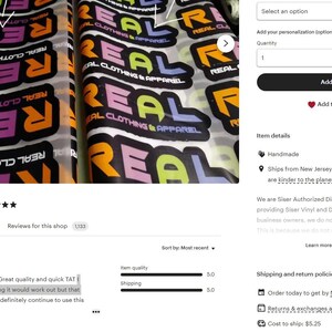 May include: A close-up of a sheet of colorful vinyl with the word "REAL" printed repeatedly in black, orange, pink, and green. The vinyl is used for creating custom apparel and clothing.