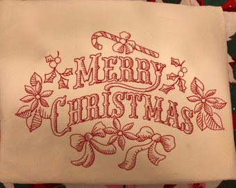 Victorian Redwork Merry Christmas embroidered flour sack towel
