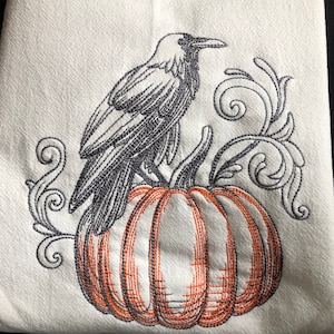 Raven Victorian Halloween Flour Sack Towel Vintage Embroidered