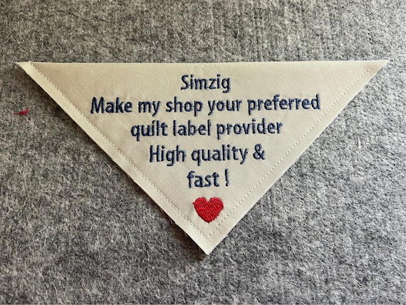Custom Embroidered Corner Quilt Label, Bella Solids Fabric BLOCK FONT