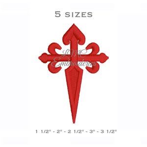 May include: A red embroidered cross design with decorative flourishes. The design is available in 5 sizes, ranging from 1 1/2" to 3 1/2" in height. The text "LMC Embroideries" is also present.
