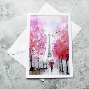 PARIS. Der Eiffelturm und die Blüte - Aquarell Druck Grußkarte. Geburtstag, Jahrestag, Vatertag.Jede Feier Ihrer Wahl