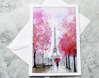 PARIS. La tour Eiffel et les fleurs - Carte de voeux imprimée à l'aquarelle. Anniversaire, Anniversaire, Célébration de votre choix