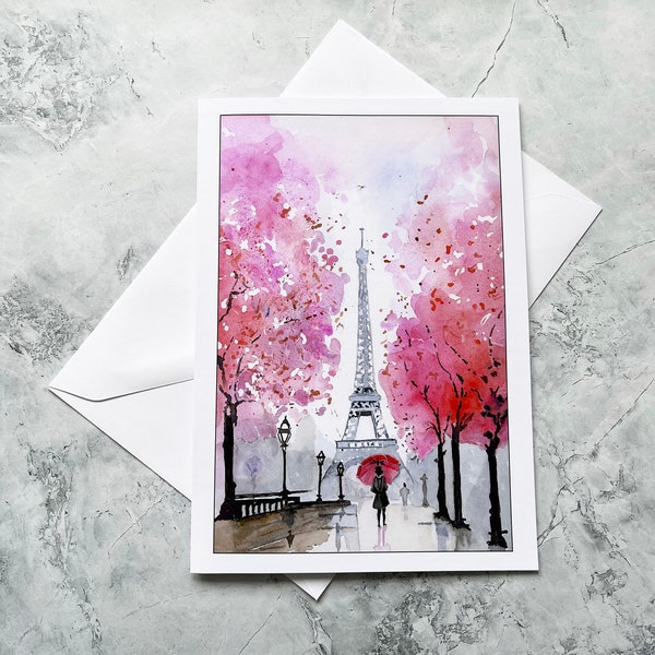 PARIS. The Eiffel Tower and Blossom - Watercolour print Greeting Card. Birthday, Anniversary, Any celebration of your choice