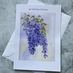 BLAUE WISTERIA BLUMEN - Aquarell Druck Grußkarte. Geburtstag oder Ihrer Wahl des Textes.
