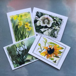 SALE Packung mit VIER Blumenkarten.Halber Preis. Narzissen, Sonnenblumen, Helleborus, Schneeglöckchen