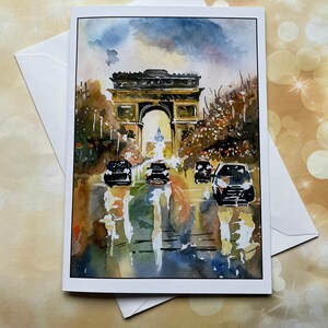 Paris, Triumphbogen bei Nacht Aquarell Druck Karten in den Größen A5 und A6. Open, Geburtstag, Ihre Wahl der Feier.