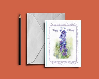 Blue DELPHINIUMS - Personalised, Open, Birthday, Mother's Day, Easter. Watercolour Print Greetings Card by FerryStudioArts,