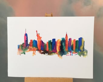 NEW YORK SKYLINE, Watercolour Print Greetings Card,Personalised, Open, Mother's Day, Father's Day, Any Occasion  A6 or A5