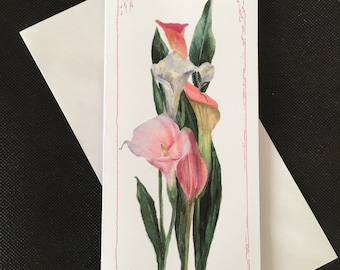 CALLA LILIES. Watercolour Print of my painting. Open, Mother's Day, Birthday,  or any Occasion Greeting Card