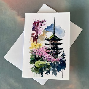 KIRSCHBLÜTE Zeit in JAPAN - Aquarell Druck Grußkarte. Geburtstag oder Ihrer Wahl des Textes.